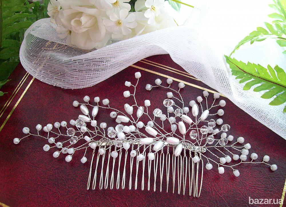 гребінь весільний для святкової зачіски перли кришталь білий айворі великий під фату Луцьк - зображення 2