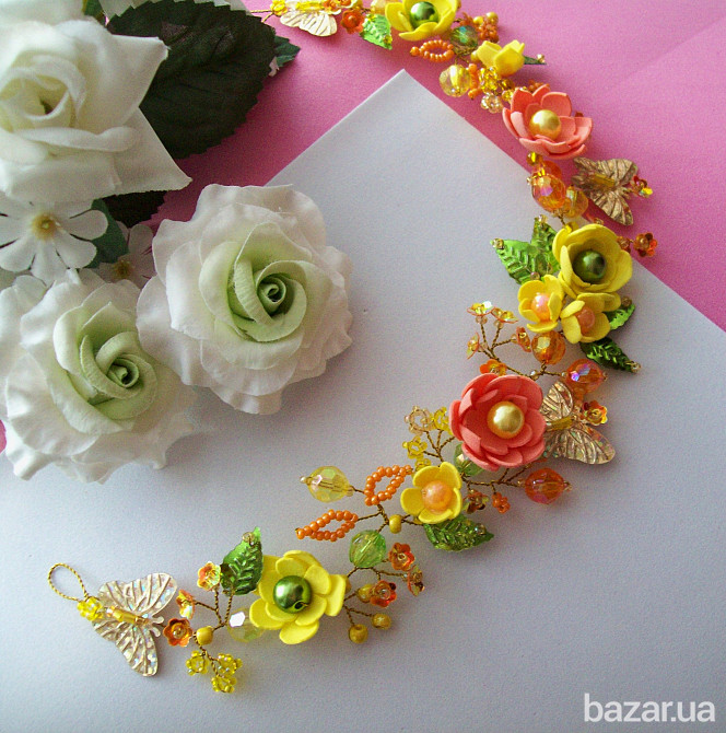 Весеннее настроение гибкий обруч венок веточка для девочки яркое украшение желтый оранж салатовый Луцьк - зображення 3