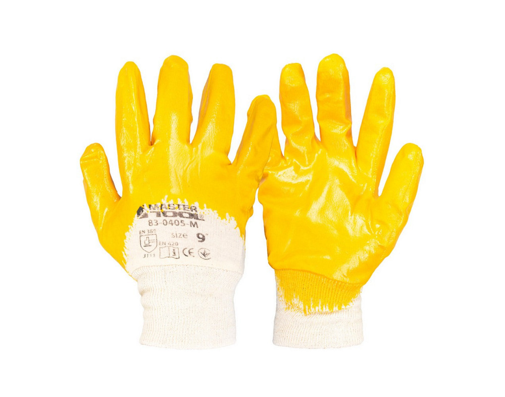 Перчатки хлопчатобумажные трикотажные MASTERTOOL нитриловое покрытие ¾ вязаный манжет 8" 12 пар оран Харьков - изображение 1
