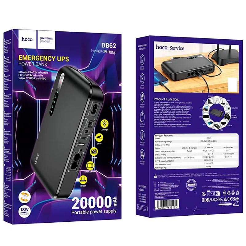 Источник бесперебойного питания Hoco DB62 Smart Mini UPS для роутеров 5V/9V/12V 20000 mAh Херсон - зображення 6