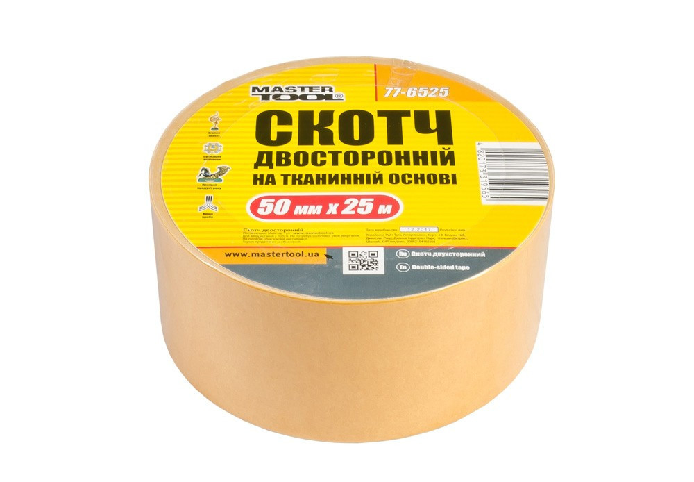 Лента двухсторонняя MASTERTOOL на тканевой основе 50 мм 25 м 77-6525 Харків - зображення 1
