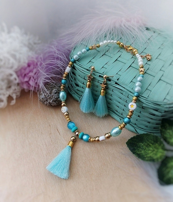 Літні мрії набір прикрас тіфані блакитний білий золотистий чокер китиця кольє намисто сережки китиці Луцьк - зображення 3