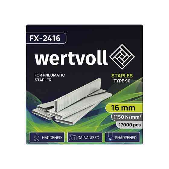 Скобы закаленные для пневмостеплера WERTVOLL тип 90 16 мм/5.8х1.25 мм 17000 шт FX-2416 Харьков