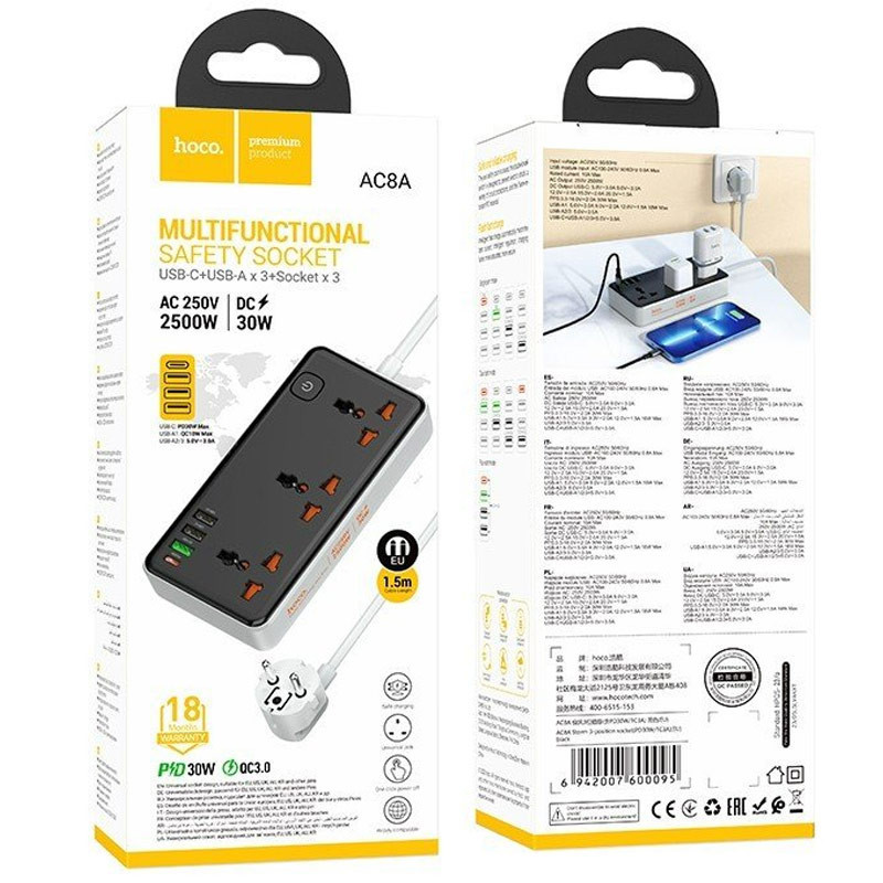 Удлинитель Hoco AC8A Storm (PD30W/1C/3A/3xSocket) (1.5m) Херсон - зображення 2