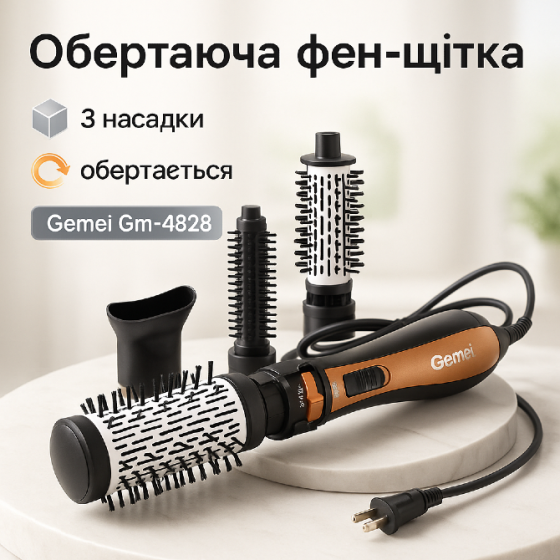 Фен Щітка Gemei Gm-4828 Браш Стайлер гребінець Для Брашинга, Фен щітка 3 в 1, Фен браш Gemei Харків