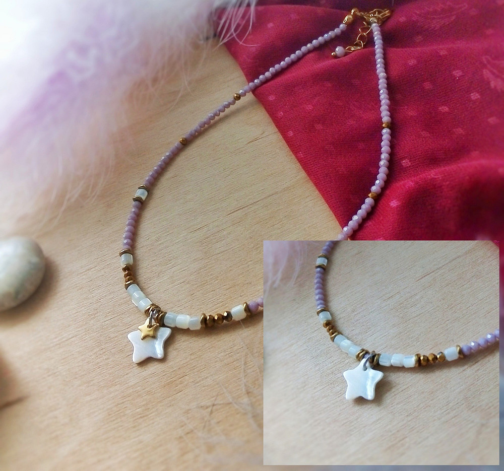 Чокер зірка перламутр натуральний гематит мушля білий пудровий бузковий золотий на шию Луцьк - зображення 4