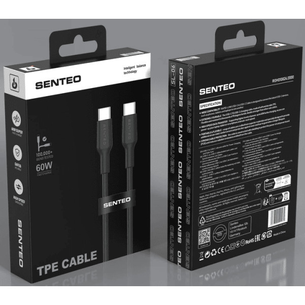 Кабель Senteo SL-06 TPE Type-C to Type-C 60W 1m Black Харків - зображення 3