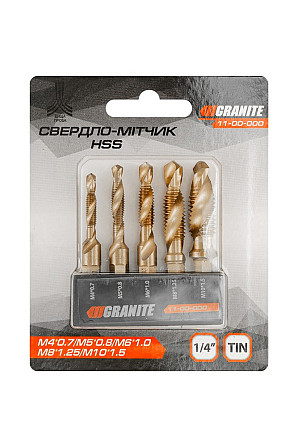 Набор сверл-метчиков GRANITE HSS M4х0.7 мм/ M5х0.8 мм/ M6х1.0 мм/ M8х1.25 мм/ M10х1.5 мм DIN338 11-0 Харків - зображення 7