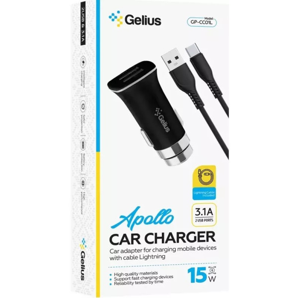 Автомобільний зарядний пристрій Gelius Apollo GP-CC01 15W 3.1A 2USB + cable Type-C Black (Код товару Харьков - изображение 4