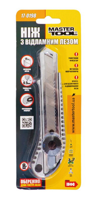 Нож строительный MASTERTOOL с отломным лезвием 18 мм металлический винтовой замок 17-0198 Харків - зображення 2