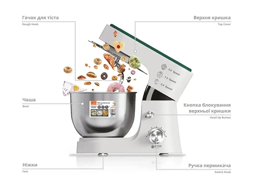 Миксер-тестомис стационарный Bitek BT-6611 3000 Вт белый Київ - зображення 3