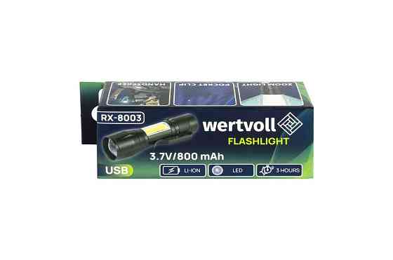 Фонарь с регулировкой фокуса WERTVOLL 3 режима LED/COB LED Li-ion 800 mAh/t 8000 K/100 lum AL 91х26  Харків
