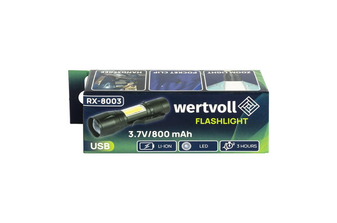 Фонарь с регулировкой фокуса WERTVOLL 3 режима LED/COB LED Li-ion 800 mAh/t 8000 K/100 lum AL 91х26  Харьков - изображение 6