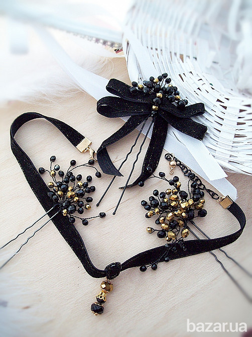 Ренесанс комплект прикраси чорний золотий чокер заколка бант та шпильки оксамит готика Луцк - изображение 1
