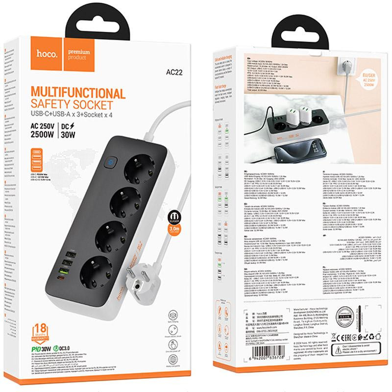 Удлинитель Hoco AC22 Sunlight (PD30W/1C/3A/4xSocket) (3m) Херсон - зображення 4
