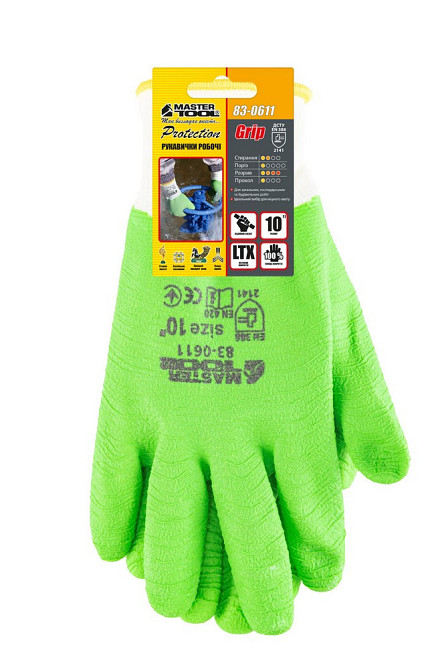 Перчатки трикотажные бесшовные MASTERTOOL полное ребристое латексное покрытие 10" подвес зеленые 83- Харків - зображення 2