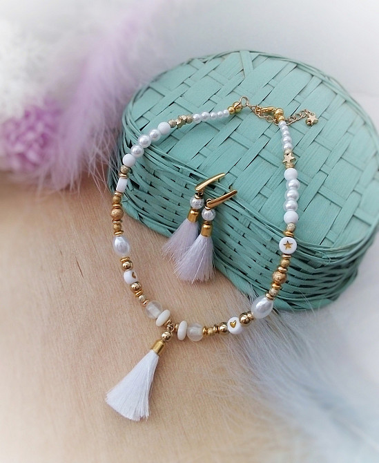 Літні мрії набір прикраси білий золотистий чокер кольє намисто сережки китиці підвіски Луцк - изображение 1