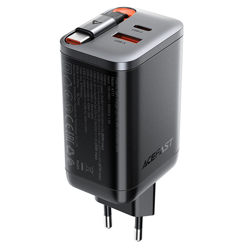 СЗУ Acefast A111 GaN With Retractable Cable Type-C PD67W (1USB-A/1C) Херсон - зображення 2