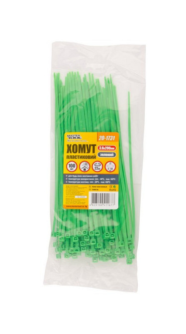 Хомут нейлоновый MASTERTOOL 3.6х200 мм 100 шт зеленый 20-1731 Харків - зображення 2