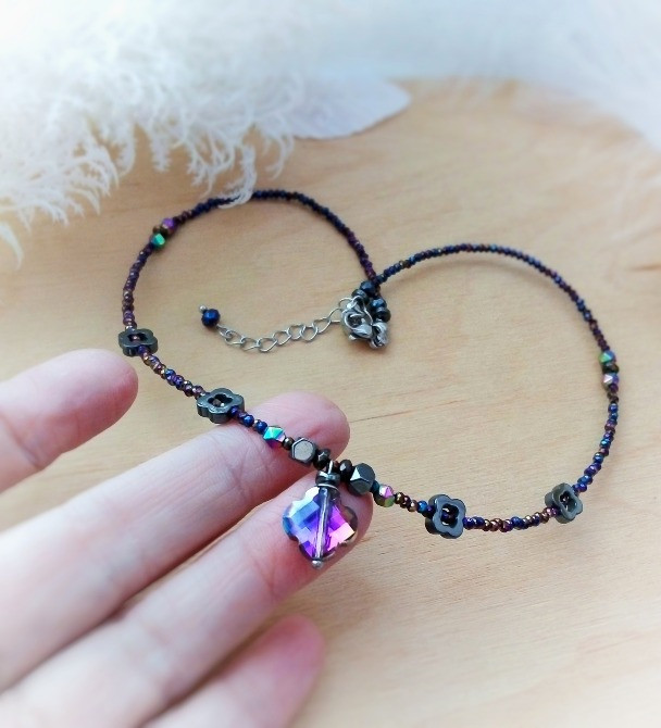 Лакі чокер намисто кольє чорний графітовий кришталь підвіска гематит камінь мінерал конюшина удача Луцьк - зображення 4