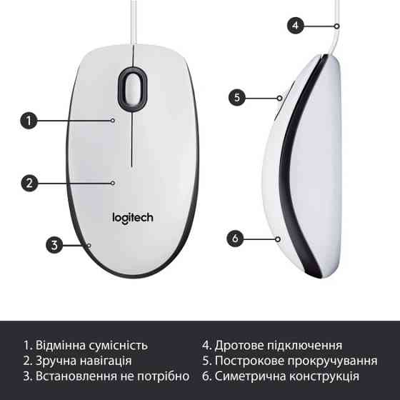 Мышь компьютерная проводная Logitech M100 White L910-006764 белая Киев