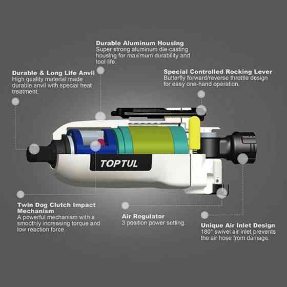 Пневмогайковерт профессиональный TOPTUL 3/8" 108N/m 12000об/мин Mini Butterfly Type KAAU1208 Харьков