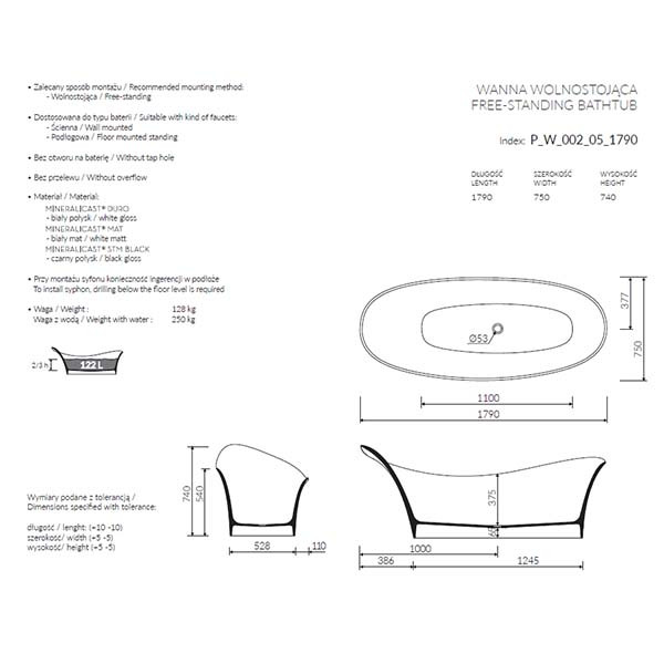 Ванна окремостояча зі штучного каменю ALICE I біла глянсова P_W_002_05_1790 Хмельницький - зображення 2