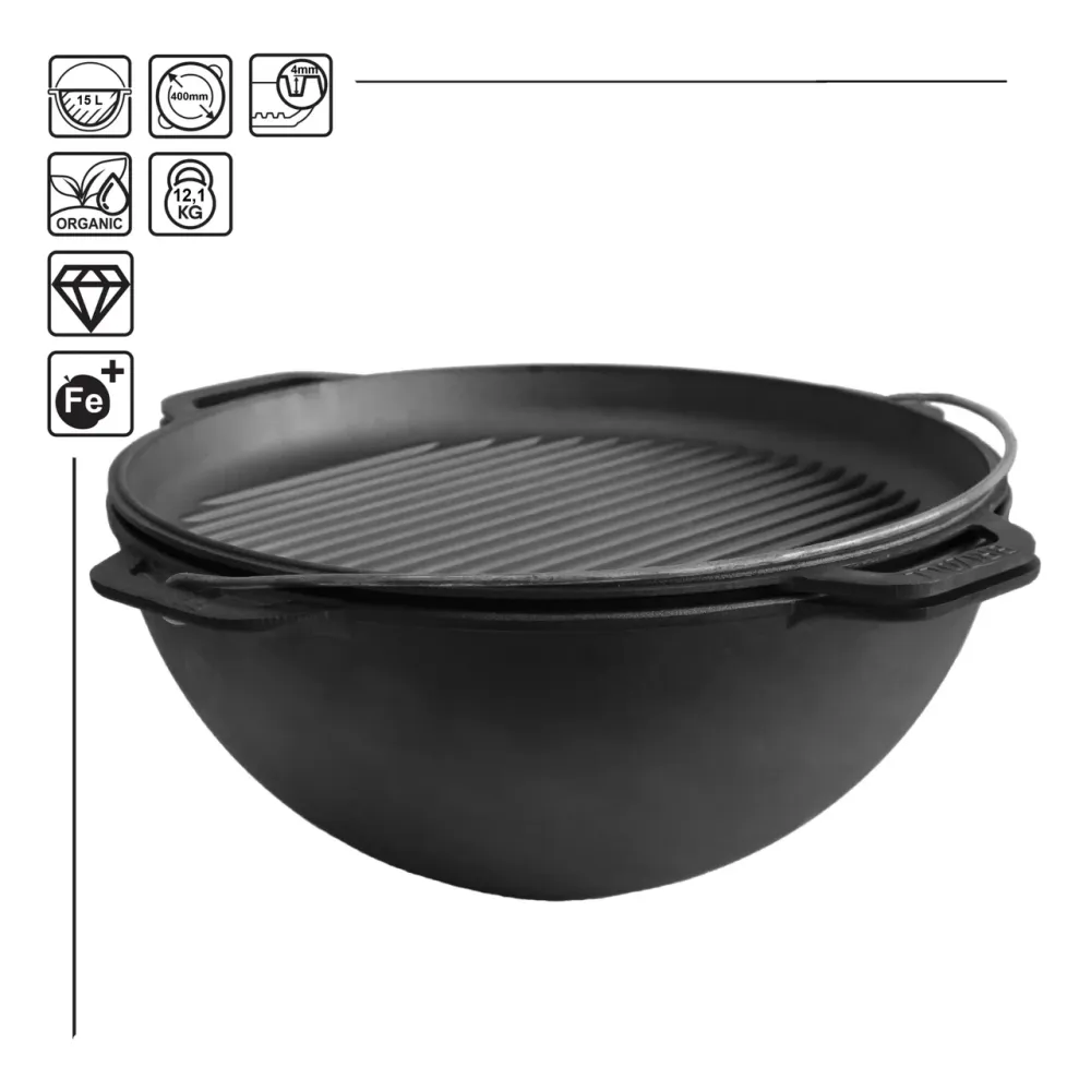 Казан азиатский с чугунной крышкой-сковородой гриль 15л Харків - зображення 8