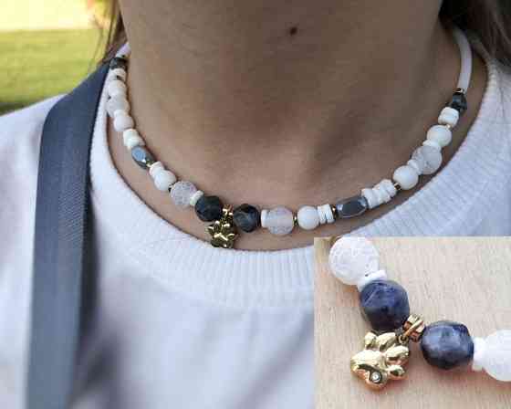 Лапка чокер намисто кольє білий сірий ларвікіт агат гематит підвіска захист удача подарунок дівчині Луцьк