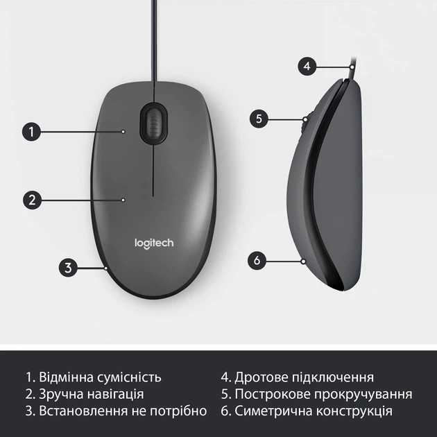 Мышь компьютерная проводная Logitech M100 Black L910-006652 черная Киев - изображение 6