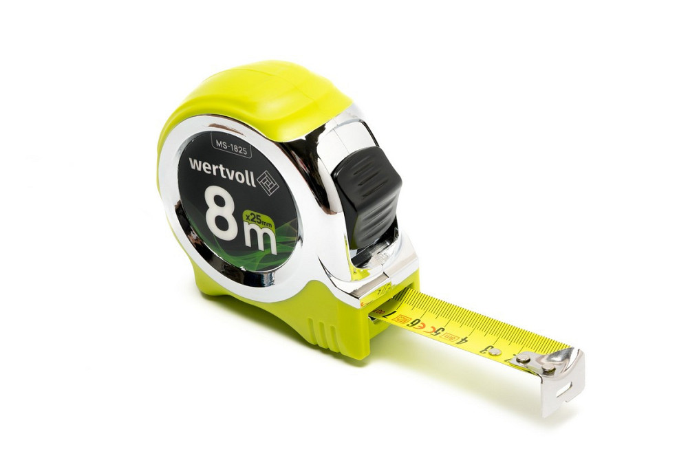 Рулетка WERTVOLL 8 м х 25 мм фиксатор полотна кнопка STOP покрытие TPR нейлоновое покрытие противоск Харків - зображення 1