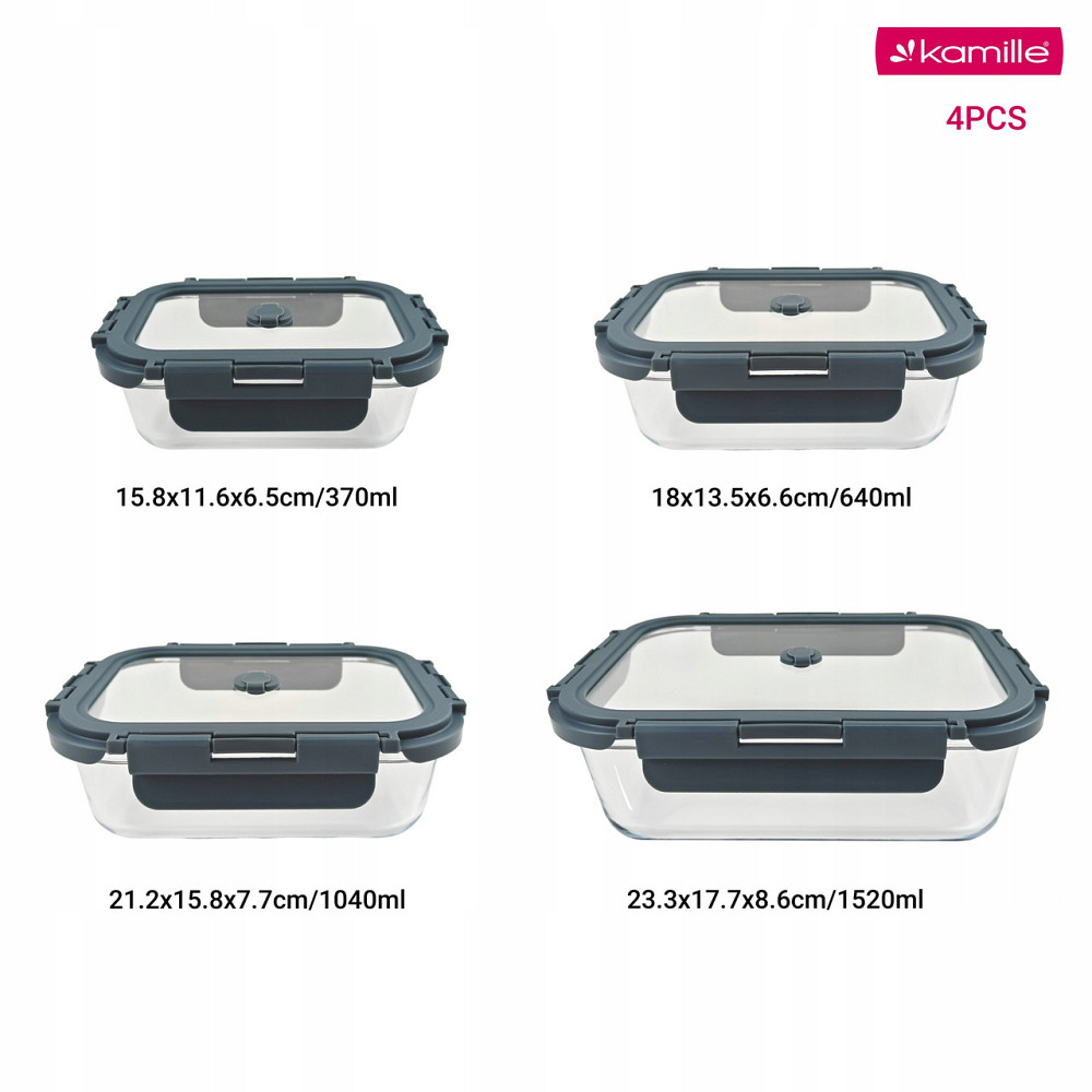 Набор жаростойких стеклянных контейнеров для еды Kamille с крышками 4 шт. КМ9136 Одесса - изображение 4