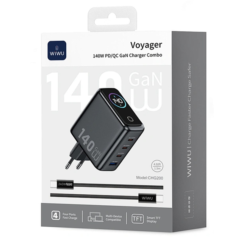 СЗУ WIWU CHG200 Voyager PD140W+QC3.0 (1USB-A/3C) + кабель Type-C to Type-C Херсон - изображение 3