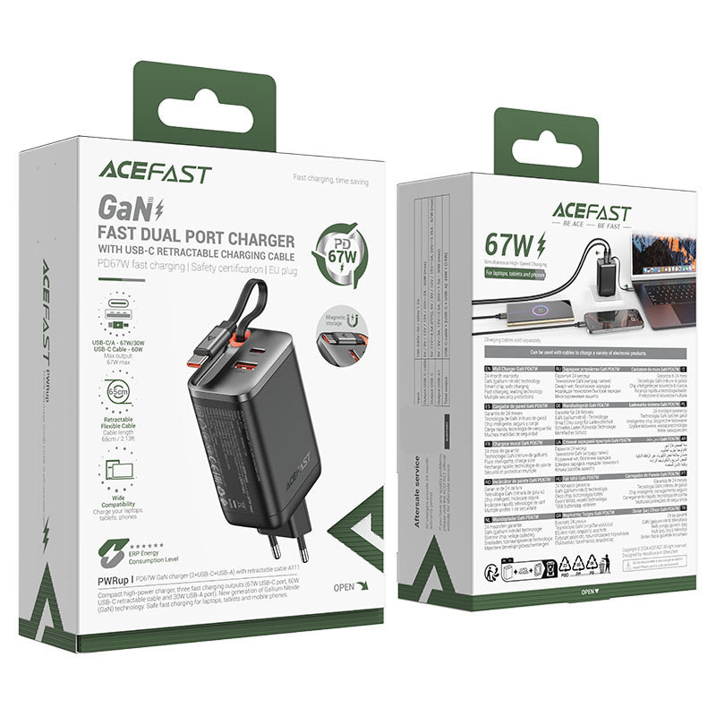СЗУ Acefast A111 GaN PD67W+QC3.0 (1USB-A/1C) + Retractable Cable Type-C Херсон - зображення 6