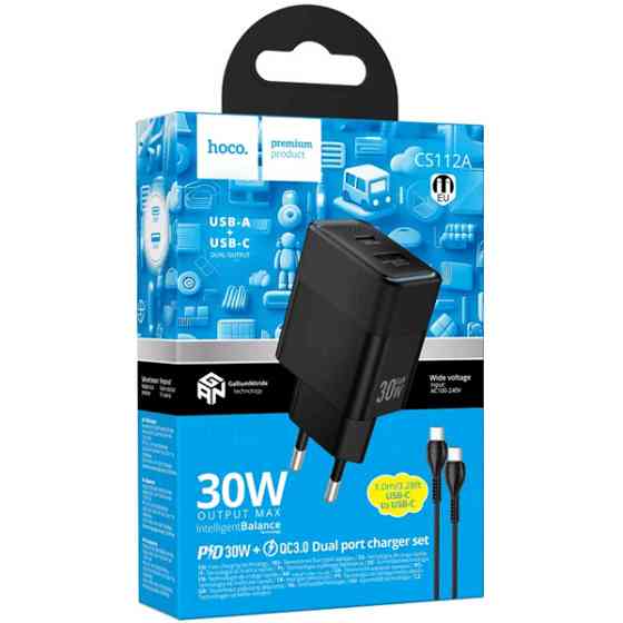 Мережевий зарядний пристрій Hoco CS112A Lounge PD30W+QC3.0 + cable Type-C to Type-C Black Харків
