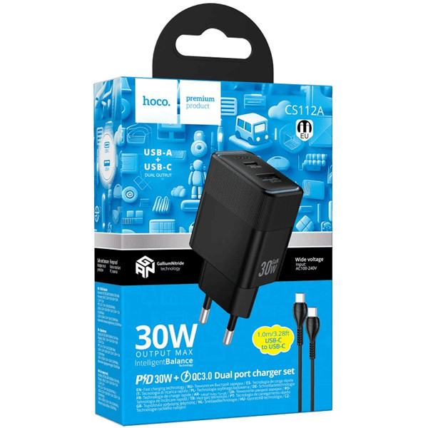 Мережевий зарядний пристрій Hoco CS112A Lounge PD30W+QC3.0 + cable Type-C to Type-C Black Харьков - изображение 3