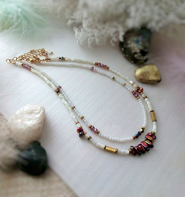 Подвійний чокер намисто білий золотий гематит перламутр натуральний кришталь на шию Луцьк - зображення 3