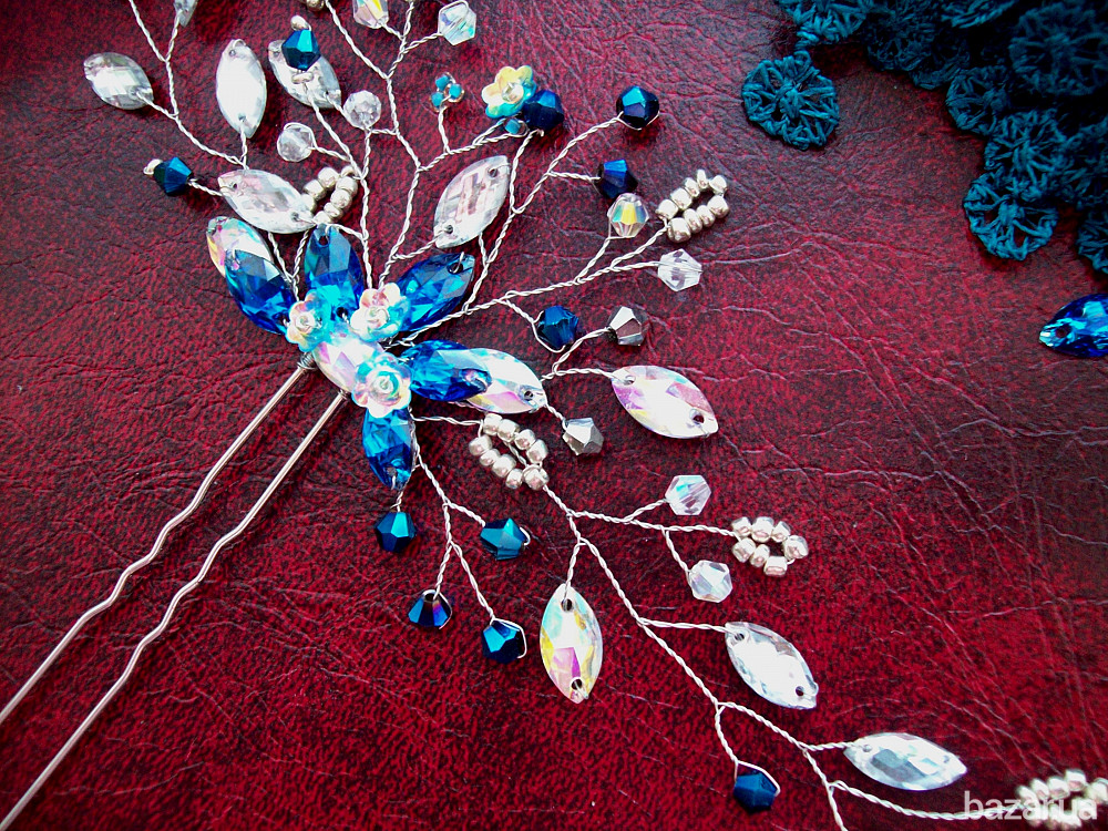 шпилька прикраса для волосся Ніжний сапфір синій гілка прозорий кришталь дріт Луцк - изображение 2