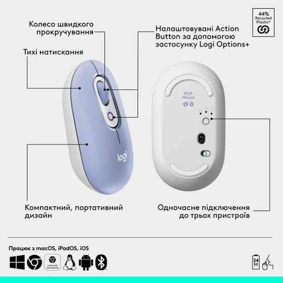 Мышь компьютерная безпроводная Logitech POP Mouse Lilac L910-007414 лиловая Киев