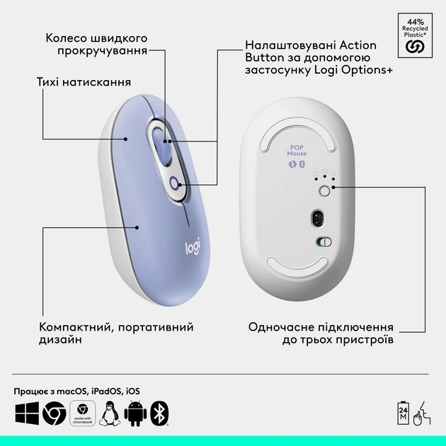 Мышь компьютерная безпроводная Logitech POP Mouse Lilac L910-007414 лиловая Киев - изображение 5