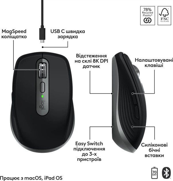 Мышь компьютерная безпроводная Logitech MX Anywhere 3S for Mac Space Gray L910-006947 темно-серая Київ - зображення 6