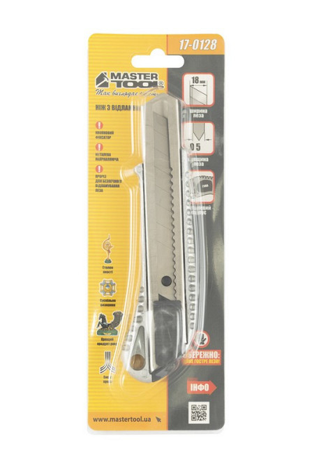 Нож строительный MASTERTOOL с отломным лезвием 18 мм металлический кнопочный фиксатор 17-0128 Харьков - изображение 2