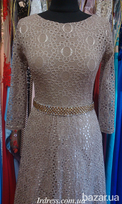 Бежевое вечернее платье с рукавами Київ - зображення 5