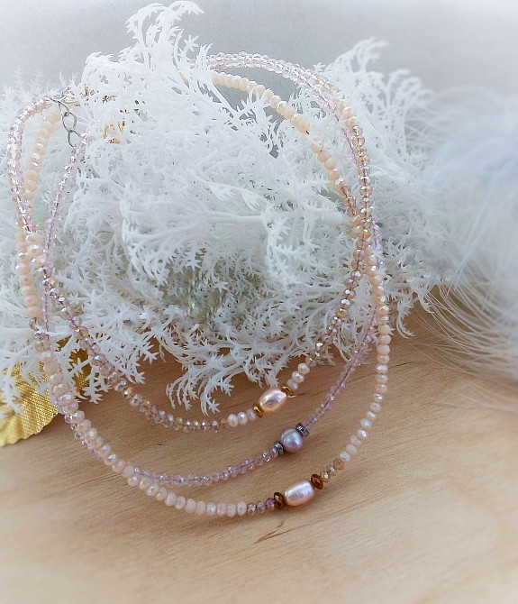 Кольє чокер намисто рожевий кришталь намистини натуральна перлина камінь гематит Луцьк - зображення 2