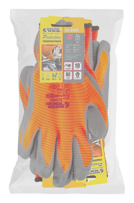 Перчатки трикотажные бесшовные ребристые MASTERTOOL нитриловое покрытие ладони 10" 12 пар оранжево-с Харків - зображення 2