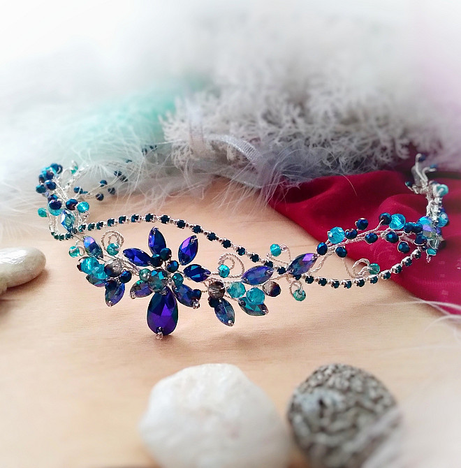 Мальва синій блакитний АВ на чоло тіара діадема ельфійська косплей сцена святкова балетна прикраса Луцк - изображение 2