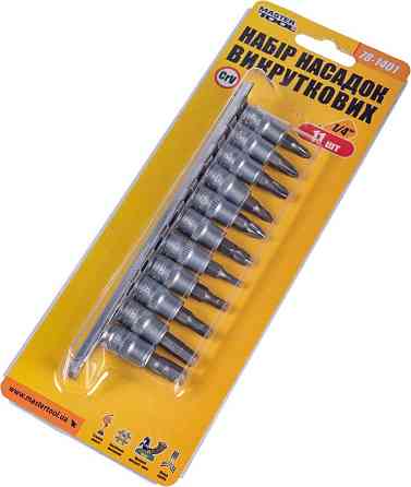 Набор головок торцевых MASTERTOOL ¼" с отверточными насадками PH1-2-3/ PZ1-2-3/ HEX3-4-5-6-7 CrV 11  Харків