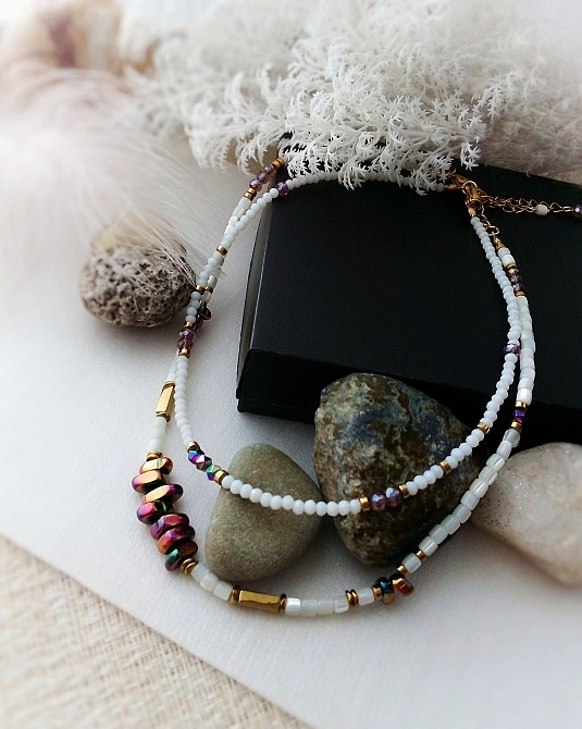 Подвійний чокер намисто білий золотий гематит перламутр натуральний кришталь на шию Луцьк - зображення 2