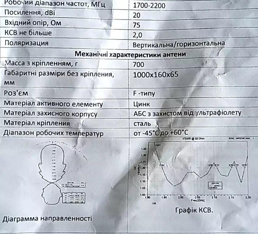 Антенна 1700-2200 МГц 20 дБ, до 50 Вт, с 12.5 м кабеля RG-58U Дніпро - зображення 3