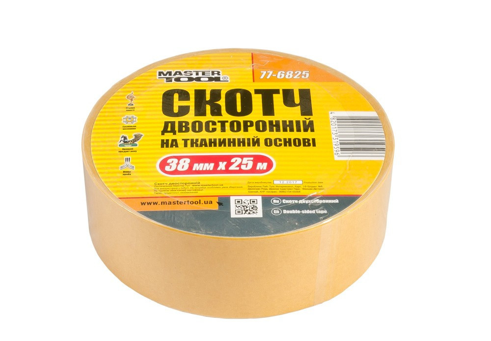 Лента двухсторонняя MASTERTOOL на тканевой основе 38 мм 25 м 77-6825 Харків - зображення 1